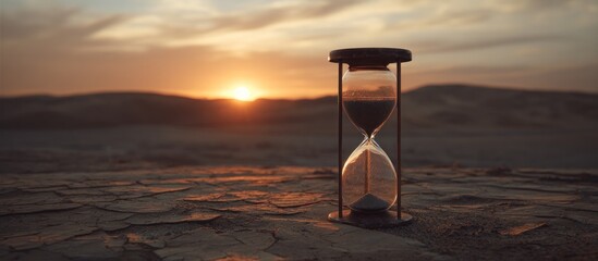 Hourglass sits in a desert landscape as the sun sets. Dry cracked ground & dunes in the background