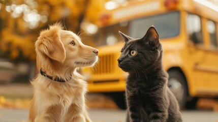 Golden retriever puppy and black kitten face off near a school bus