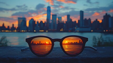 Stunning city skyline sunset reflected in modern sunglasses, overlooking a blurred urban landscape and river at twilight.