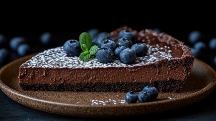 Rich Dark Chocolate Cake Slice with Fresh Blueberries, Mint Leaf, and Powdered Sugar on a Rustic Plate
