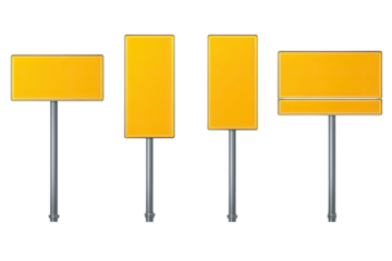 Four blank yellow roadside signs with metal poles, various rectangular shapes against black