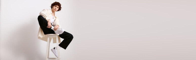 Stylish young man showcases modern fashion with confidence in a minimalist setting