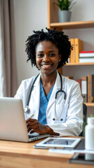 A professional female physician sits at her office desk in a clinic, smiling while working on a laptop with a stethoscope nearby to provide quality healthcare and medical care to every patient