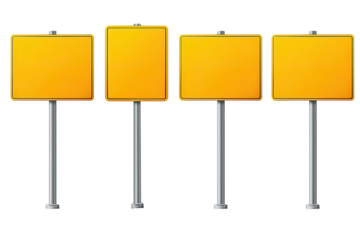 Four blank yellow road signs on metal poles, isolated against a solid black backdrop