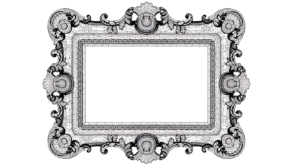 Intricate ornate picture frame with carved floral patterns and leafy motifs  on a transparent background
