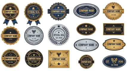 Collection of 15 vintage style emblems and logos with ornate designs set on a transparent background