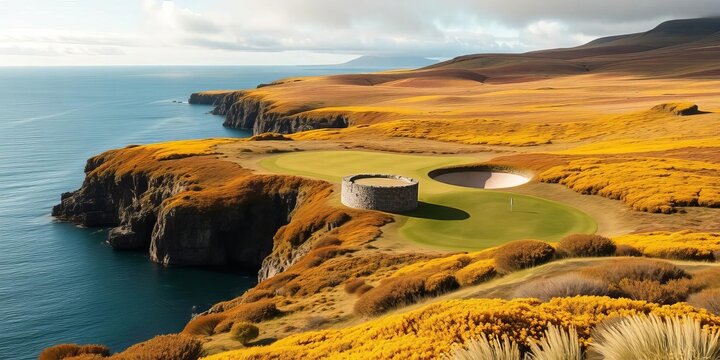 Stunning Scottish Highlands golf hole near Inverness, ocean vista with vibrant yellow gorse in full spring bloom, an incredible coastal landscape,  beautiful,  links
