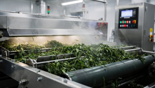 Medium shot focusing on the dynamic flow of tea leaves moving through an automated continuous belt steamer emphasizing modern technology in halting oxidation during tea production.