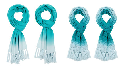 Four turquoise and white ombre scarves isolated on transparent background