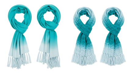 Four turquoise and white ombre scarves isolated on transparent background