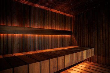 Wooden sauna interior shows tiered benches and vertical slat walls, warm recessed LEDs and star...
