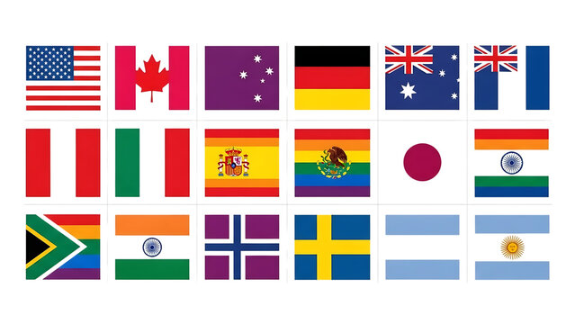 Collage of 16 national and pride flags from around the world set on a transparent background