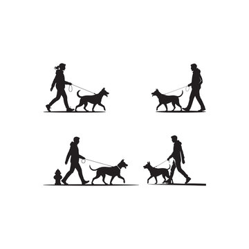 Black Color Tree Urban Dog Walking Silhouette Vector Illustration, Solid White Background.