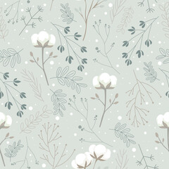 Seamless winter botanical vector pattern with cotton flowers, delicate branches and soft snow dots in muted neutral tones, Scandinavian minimalist style&mdash;ideal for wrapping paper, fabric, wallpaper.