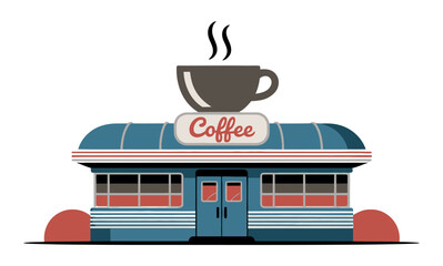 A vintage diner building with a large coffee cup atop its sign.