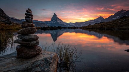 Stone cairn beside a lake, reflecting mountain peak & vibrant sunset hues