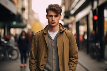 Obraz premium Fashionable young man walking down a busy city street