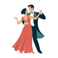 A couple gracefully dances together in formal attire at an event.