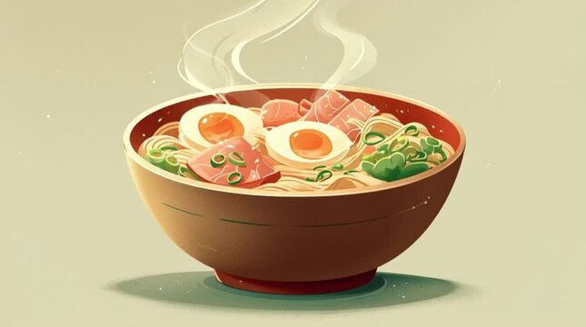 Delicious Japanese Ramen Bowl Illustration Cartoon Style
