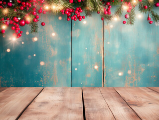 Turquoise wooden wall with pine branches and red berries creates a joyful holiday backdrop, symbolizing tradition, warmth, and festive cheer with space for seasonal text.