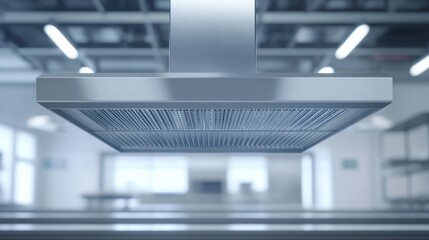 Stainless steel kitchen exhaust hood in modern commercial space