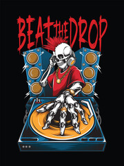 skull disc jockey playing music tshirt illustration