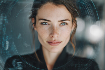 Professional portrait of a beautiful woman with futuristic digital user interface (UI) overlay elements on her face, technology concept