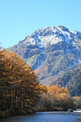 秋の上高地　梓川と焼岳