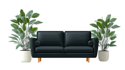 Modern black sofa flanked by lush potted plants on a black background