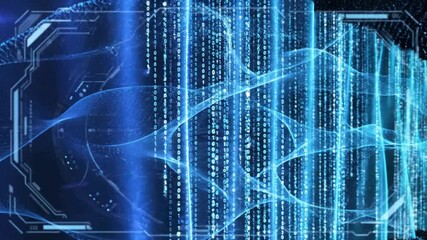 Immersive digital data stream with cascading binary code and futuristic blue holographic interface elements for technology concepts - Powered by Adobe