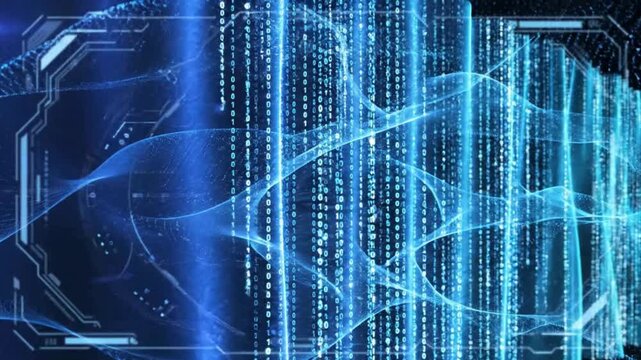 Immersive digital data stream with cascading binary code and futuristic blue holographic interface elements for technology concepts