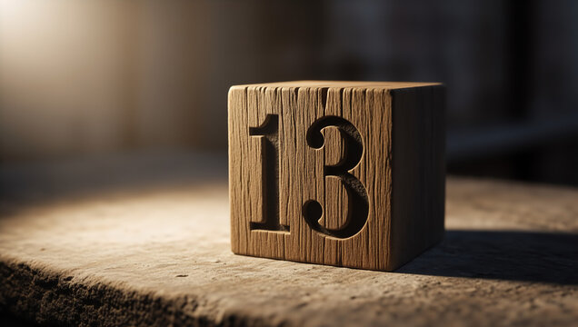 Number 13 carved on a rustic wooden block. Symbol of bad luck and superstition. Unlucky thirteen concept
