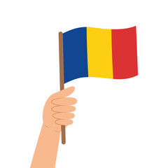 Hand holding a flag of Romania. Vector illustration of the Romanian flag in flat style isolated on white background.