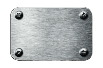 A rectangular metal plate with four screws, showing brushed texture, isolated on black