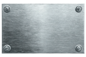 A close-up studio shot of a brushed metal rectangular plate with four screws at the corners