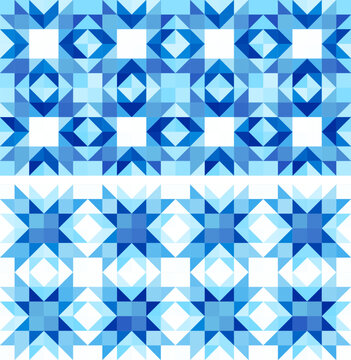 Winter stars design, Festive seamless vector patterns with geometric star motifs, blue and white colors
