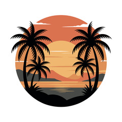 Tropical palm trees silhouette against a vibrant sunset over the ocean.