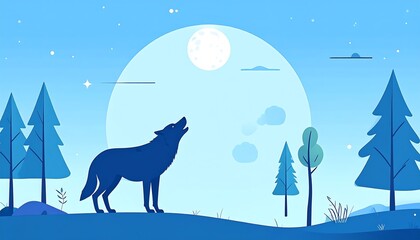 Blue toned wolf howling at a full moon, stylized landscape with coniferous trees and soft clouds in a night sky