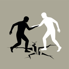 Two contrasting figures reach for each other across a dramatic crack in the ground.