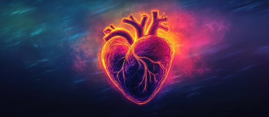 Glowing Neon Human Heart Anatomy. Vibrant Abstract Digital Art Illustration.