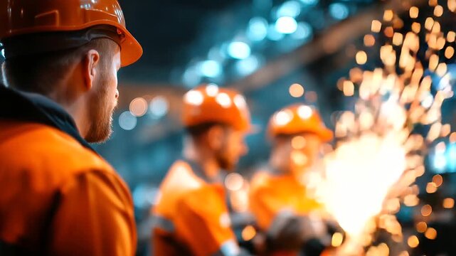 Blurred defocused image of faceless men miners wearing orange uniforms at coal mine, coal mining industry and energy resource extraction, abstract industrial scene, with copy space
