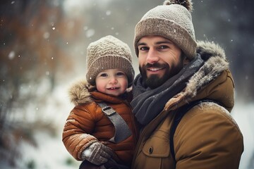 Fototapeta premium Happy father holding his smiling son during a snowy day in a winter forest