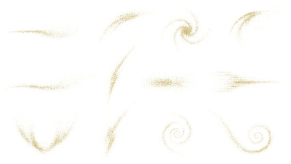 Golden spiral dust and sparkling particle trails with swirling shapes on transparent background