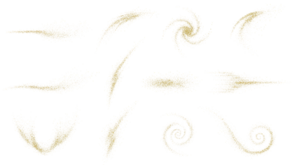 Golden spiral dust and sparkling particle trails with swirling shapes on transparent background