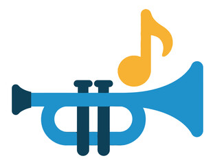 A bright blue trumpet with a yellow musical note above it signifies the joy of music.