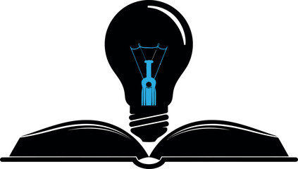 Innovative Education Concept: Open Book Silhouette with Lightbulb and Drafting Compass Divider Filament. STEM Learning, Pedagogy, Architectural Design, and Creative Engineering Wisdom.