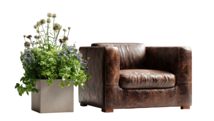 Modern brown leather armchair with a potted plant on a dark backdrop, perfect for interior design