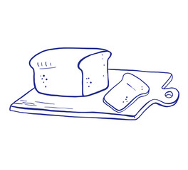 Bread outline drawing, whimsical baked product on board for picnic, doodle line illustration