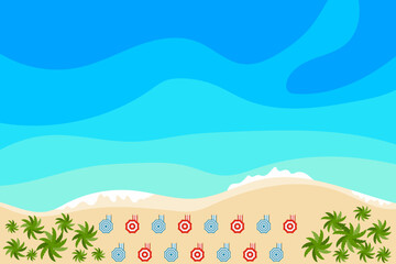 Sun loungers with umbrellas on the beach, a beach with sun loungers on the ocean coast. Vector cartoon illustration, poster, postcard.
