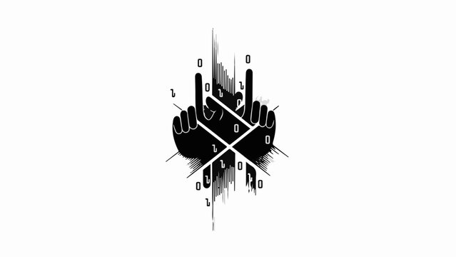 Abstract digital art with hands forming rock on gesture and binary code elements